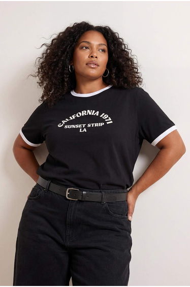 Black Crew Neck Printed Knitted Plus Size T-Shirt