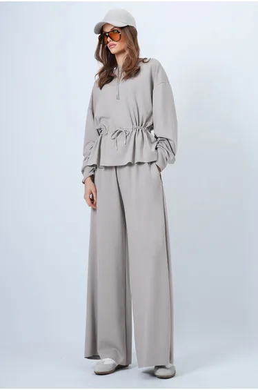 Women's Beige Hooded Gathered Waist Modal Blouse and Pants Set