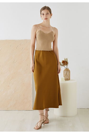 Cropped Knit Pearly Tank Top in Light Tan