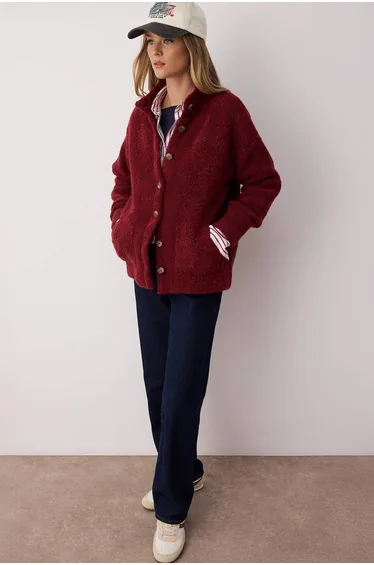 Burgundy Boucle/Textured Yarn Wide Pattern Coat-Look Knitwear Cardigan