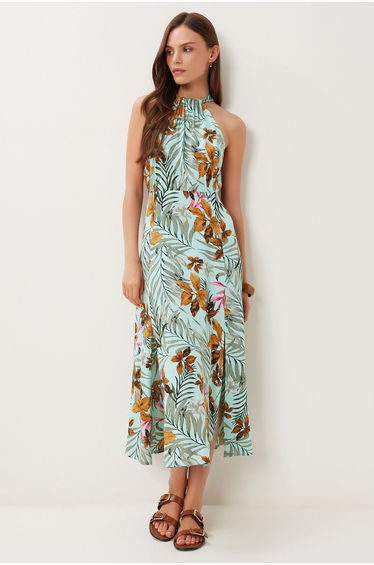 Women's Aqua Green Taba Halter Neck Patterned Midi Viscose Dress
