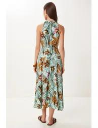 Women's Aqua Green Taba Halter Neck Patterned Midi Viscose Dress - 6