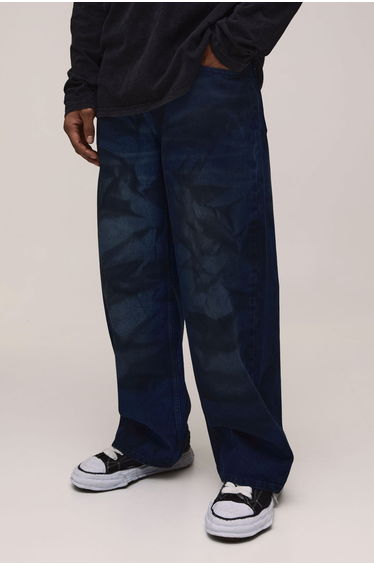 Tie Dye Tinted Baggy Distressed Jeans - dark wash