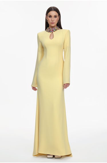 Ditala Elegant Tailored Cape Sleeve Cut Out Rhinestone Woven Maxi Dress