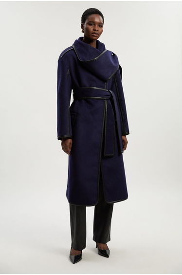 Tall Brushed Wool Pu Mix Scarf Neck Belted Tailored Maxi Coat