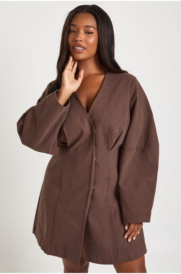 Plus Twill Balloon Sleeve Cinched Mini Dress - chocolate