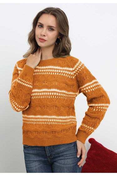 Contrast Color Wavy Textured Hollow Out Knit Sweater in Orange