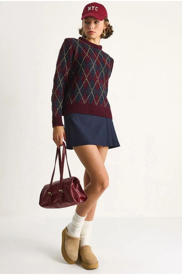 LUCCI Women’s Crew Neck Knitted Sweater with Diamond Pattern
