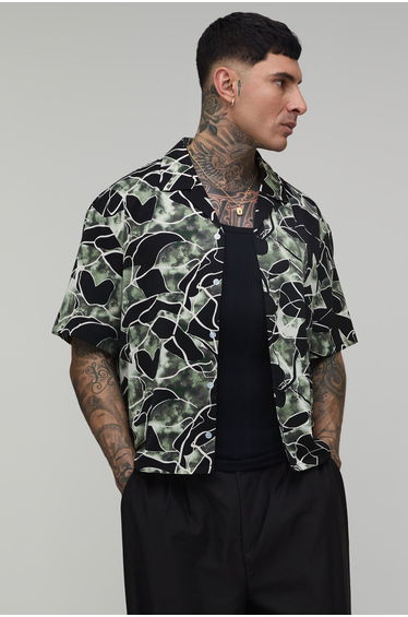 Tall Oversized Boxy Abstract Leaf Print Bermuda Shirt - sage