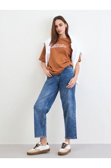 Brown Slogan Print Oversized T-Shirt