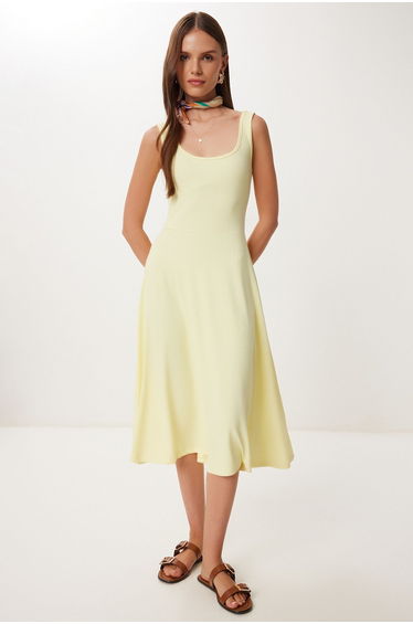 Women's Yellow Strappy Summer Corduroy Knitted Midi Dress