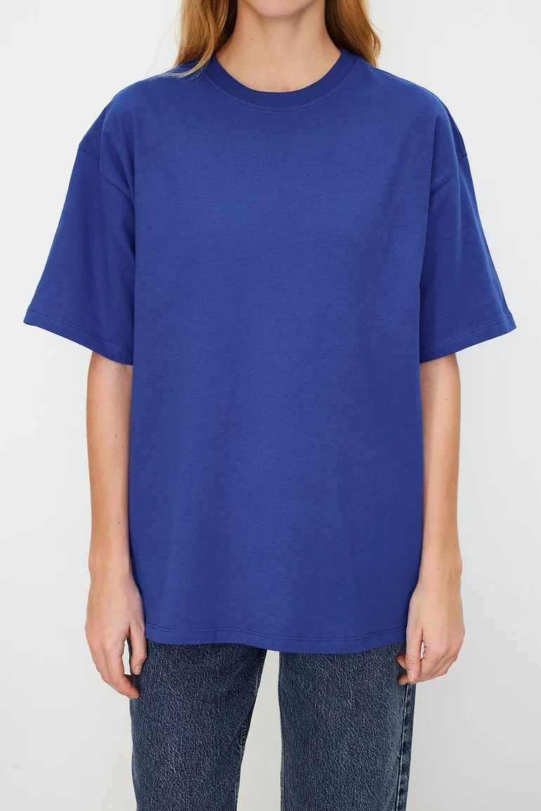 Saks 100% Cotton Premium Oversize/Wide Fit Crew Neck Knitted T-Shirt - 3