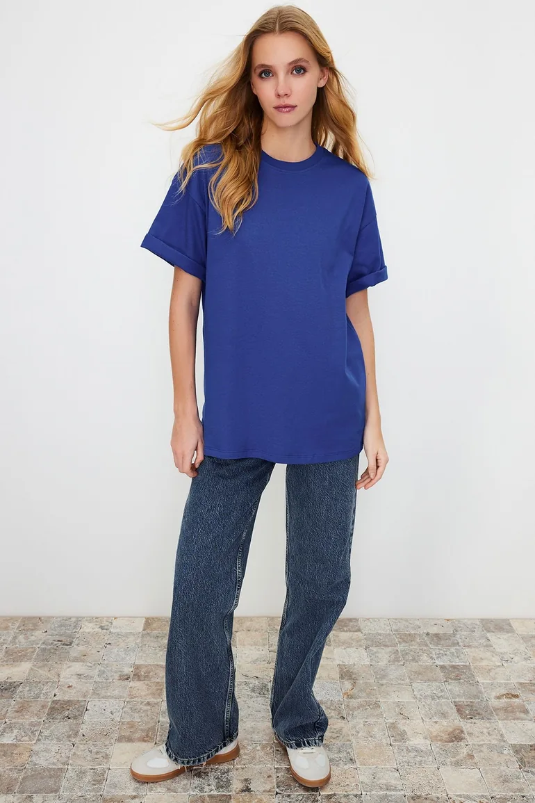 Saks 100% Cotton Premium Oversize/Wide Fit Crew Neck Knitted T-Shirt - 2