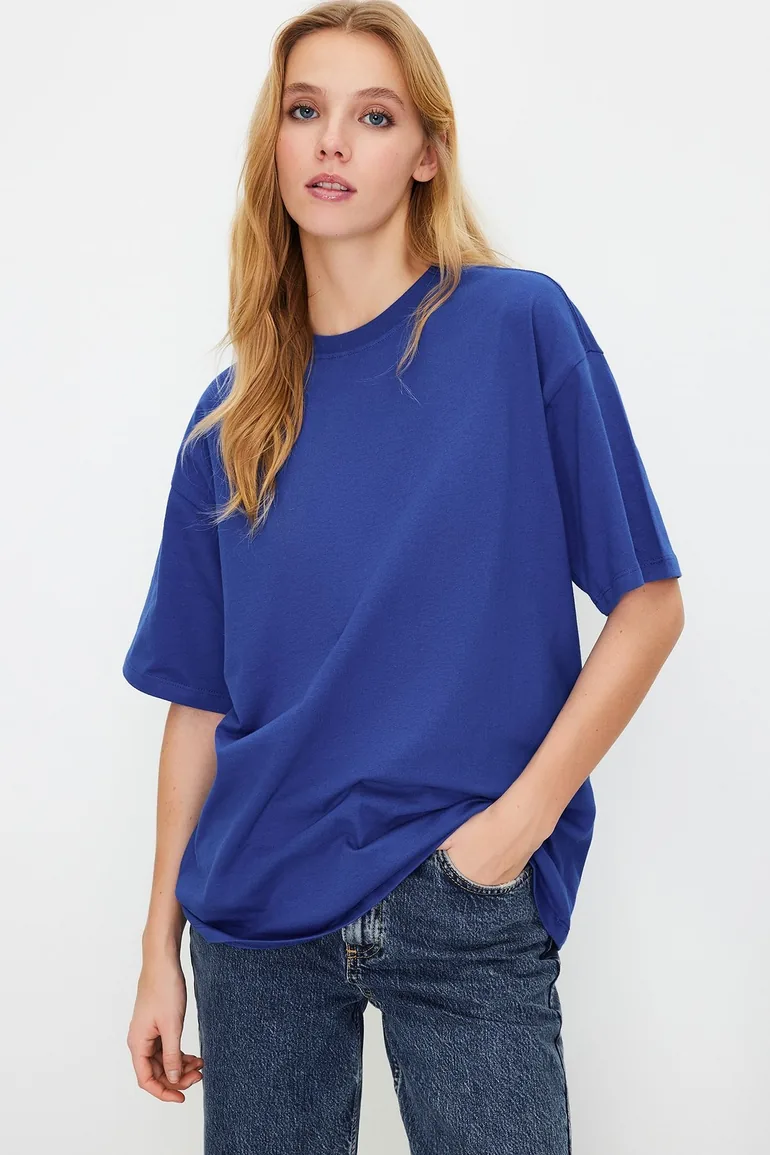 Saks 100% Cotton Premium Oversize/Wide Fit Crew Neck Knitted T-Shirt - 1