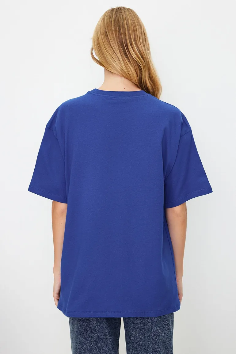 Saks 100% Cotton Premium Oversize/Wide Fit Crew Neck Knitted T-Shirt - 4