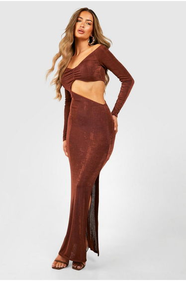 Bardot Ruched Acetate Slinky Split Leg Maxi Dress