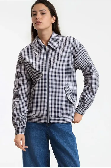 Checked Cropped Zip-Up Jacket