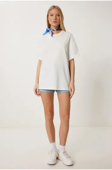 Women's White Blue Back Striped Poplin Detailed Knitted T-Shirt