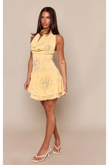Lemon Chiffon Embellished Cowl Neck Frill Mini Shift Dress