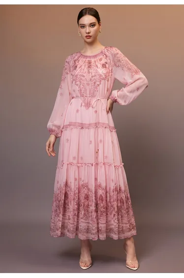 Bohemian Tapestry Puff Sleeve Tie-Waist Maxi Dress in Pink for Holiday Trips & Music Festivals
