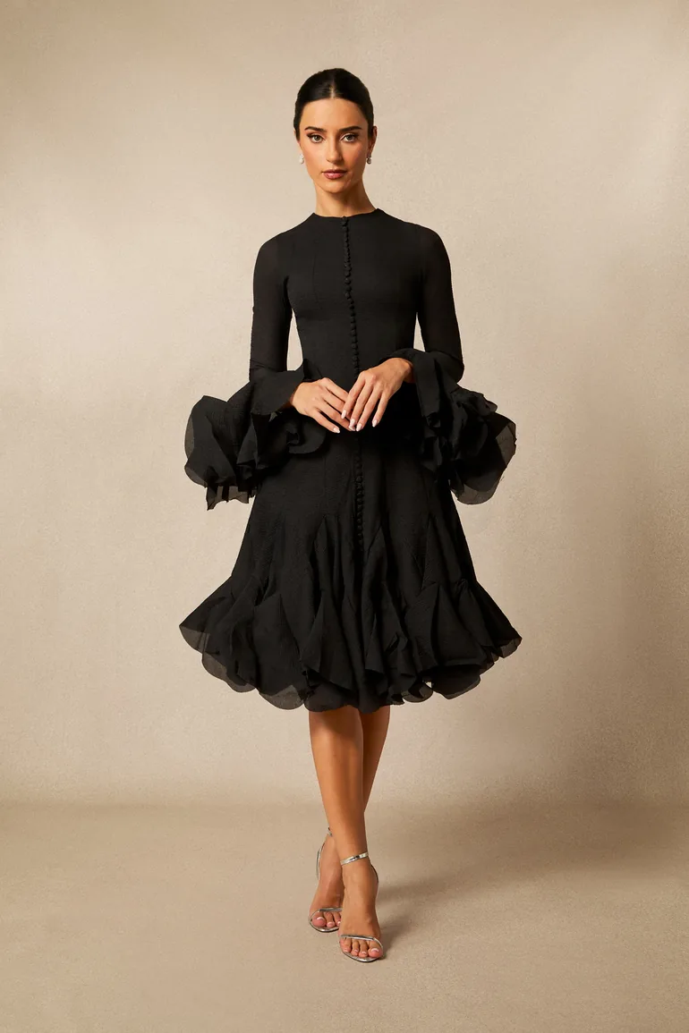 flared hem dress Sheer Dot Fit & Flare Dress w/ High Low Overlay 14 / Black UM