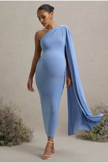 Amaryllis | Powder Blue Maternity One Shoulder Maxi Dress with Cape Sleeve