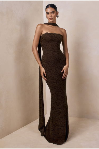 Massima | Brown Lace Bandeau Maxi Dress With Scarf-Detail