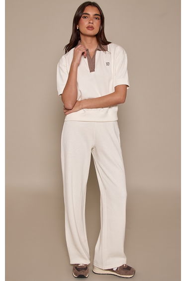 Cream Rib Thin Waistband Trousers