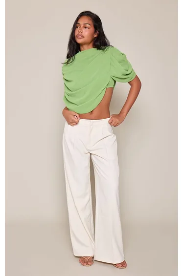 Green Chiffon Cape Detail Ruched Shoulder Chiffon Top