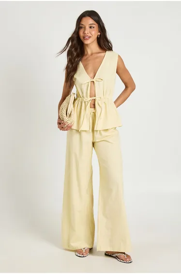 Linen Look Tie Front Top & Wide Leg Trouser Co-ord - lemon