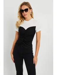 Women's Gathered T-Shirt Blouse Black-White - 1