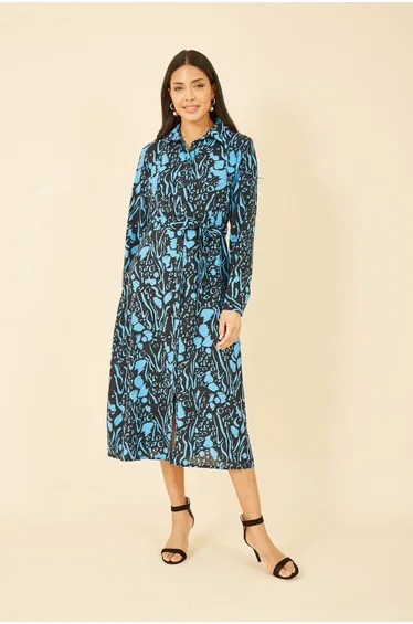 Mela Blue Animal Print Long Sleeve Shirt Dress