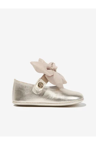 Andanines Baby Girls Leather Bow Shoes in Gold