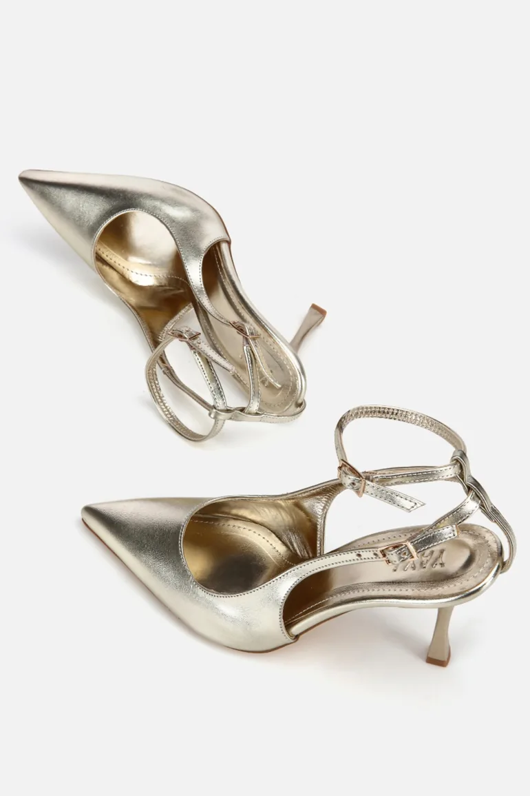 Women's gold ankle strap pointed toe Stiletto Heel u evening dress shoes - 4