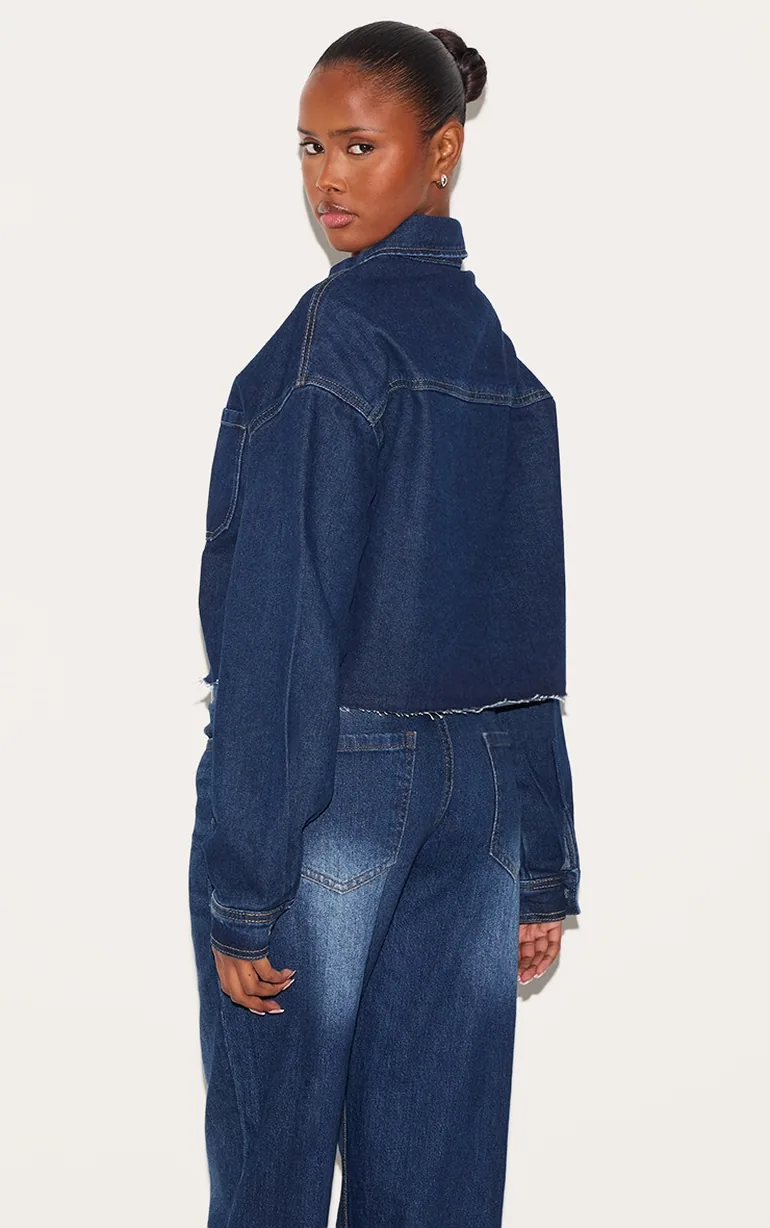 Indigo Raw Hem Cropped Denim Shirt - 2