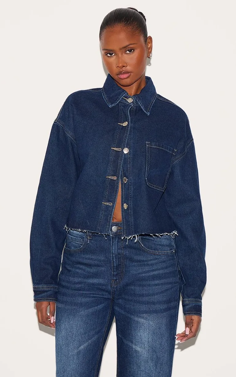 Indigo Raw Hem Cropped Denim Shirt - 5