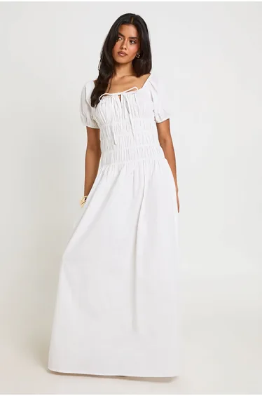 Cotton Poplin Shirred Bodice Puff Sleeve Maxi Dress - white
