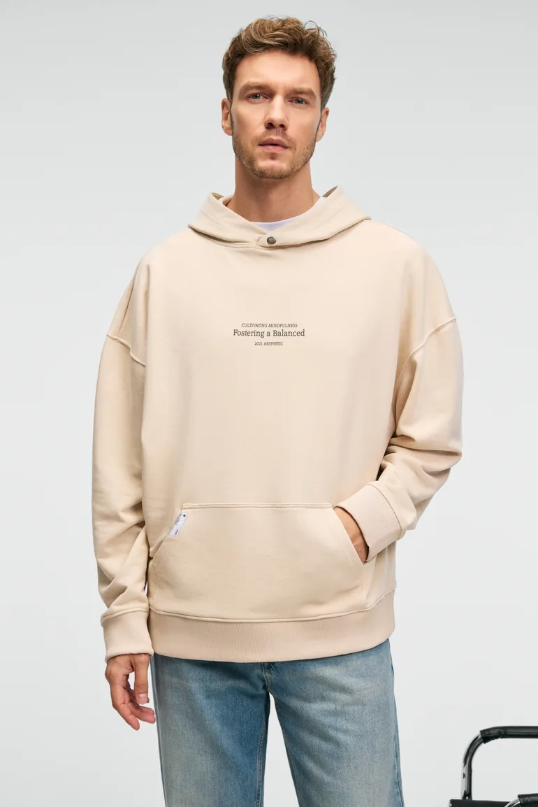 GRIMELANGE CLAY Men's 100% Cotton Hooded Snap Button Printed Pocket Decorative Label Cream Sweatshirt - 2