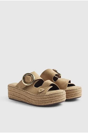 Beige Ring Buckle Strap Wedge Sandals