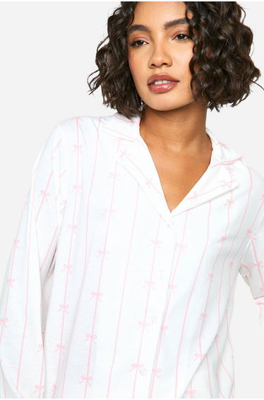 Tall Pinstripe Bow Print Pyjama Set - white product thumbnail 4