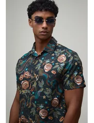 Dragon Print Regular Fit Shirt & Short Set - black - 2