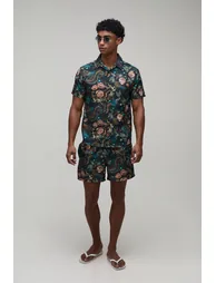 Dragon Print Regular Fit Shirt & Short Set - black - 3
