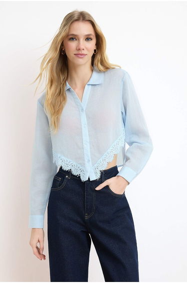 Blue Textured Lace Paneled Crop Shirt