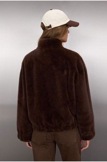 Dark Brown Oversize Plush Bomber Coat product thumbnail 4
