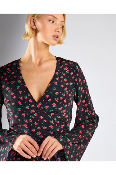 Black Red Roses Wrap Tie Waist Top product thumbnail 3