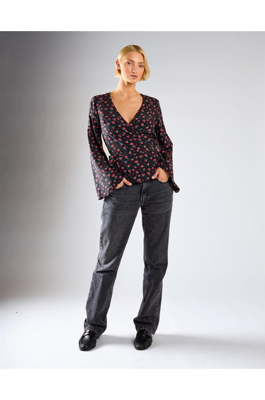 Black Red Roses Wrap Tie Waist Top