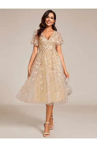ever SIMONE|Short Sleeves Leaf Sequin A-Line Midi Formal Wedding Guest Dress