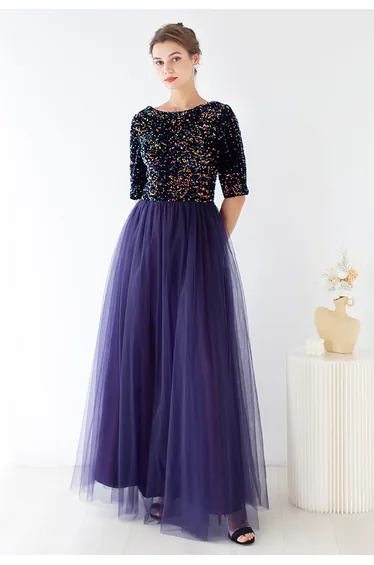 Purple Sequin Elbow-Sleeve Mesh Spliced Gown