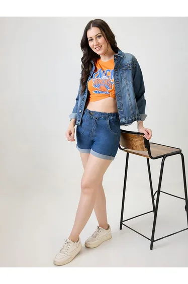 Women Blue Denim Shorts with Drawstring