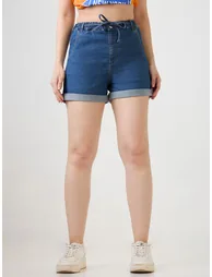 Women Blue Denim Shorts with Drawstring - 1